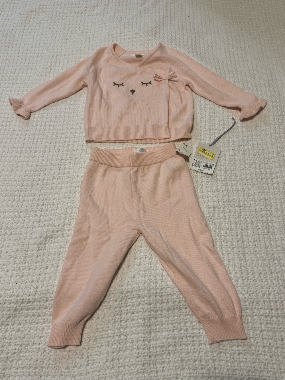 cloud island Soft Pink Knit Pajama Set with Bow and Face Embroidery